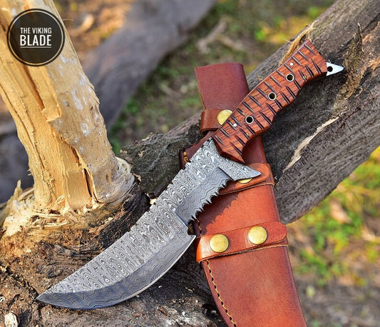 12' Damascus Knife Hunting Tracker SURVIVAL Fixed Blade BOWIE BUSHCRAFT Comes with leather cover