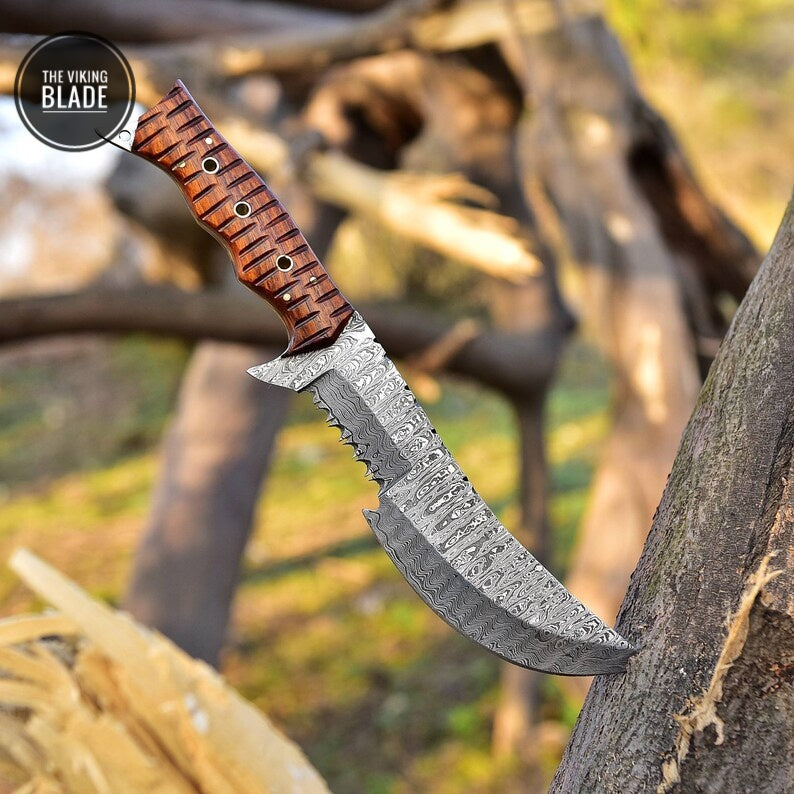 12' Damascus Knife Hunting Tracker SURVIVAL Fixed Blade BOWIE BUSHCRAFT Comes with leather cover