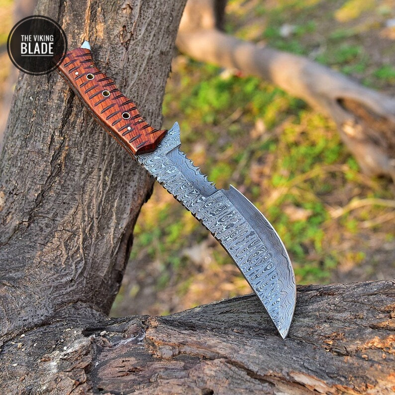 12' Damascus Knife Hunting Tracker SURVIVAL Fixed Blade BOWIE BUSHCRAFT Comes with leather cover