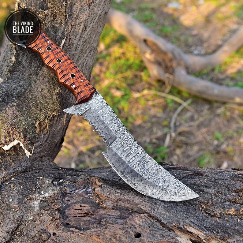 12' Damascus Knife Hunting Tracker SURVIVAL Fixed Blade BOWIE BUSHCRAFT Comes with leather cover