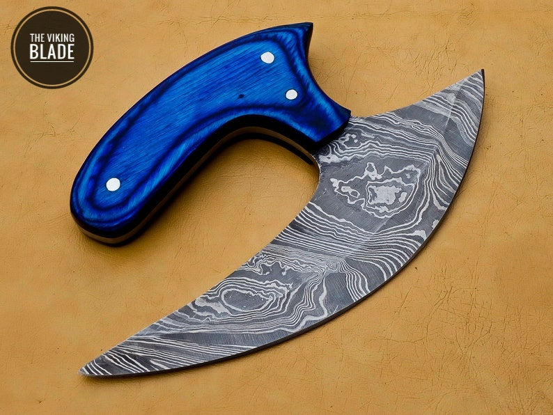 Handmade Damascus Chef Kitchen Ulu Knife Chef Knife Heavy Duty Damascus Handle Blue Koa Wood with Leather Sheeth