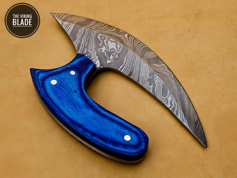 Handmade Damascus Chef Kitchen Ulu Knife Chef Knife Heavy Duty Damascus Handle Blue Koa Wood with Leather Sheeth