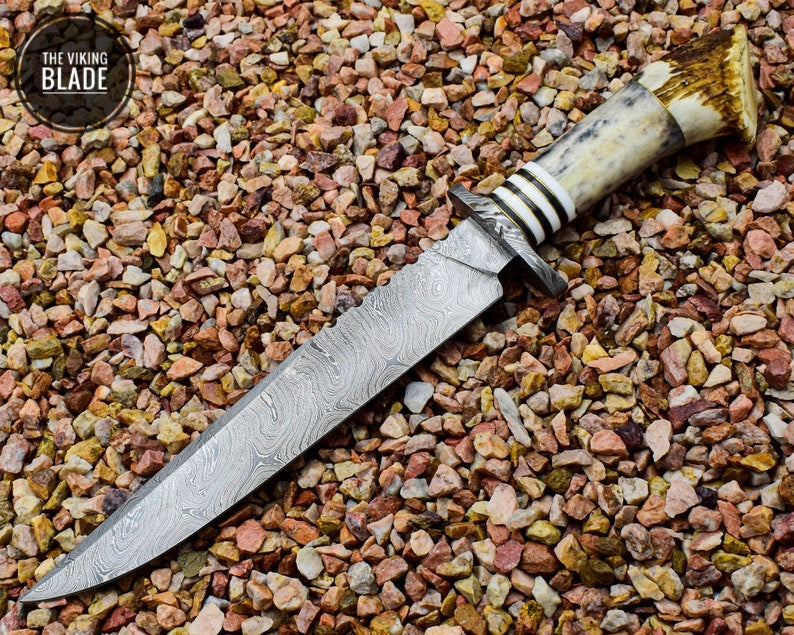 Handmade Damascus Steel Knife with Stag Antlers Crown Handle With Leather Sheath
