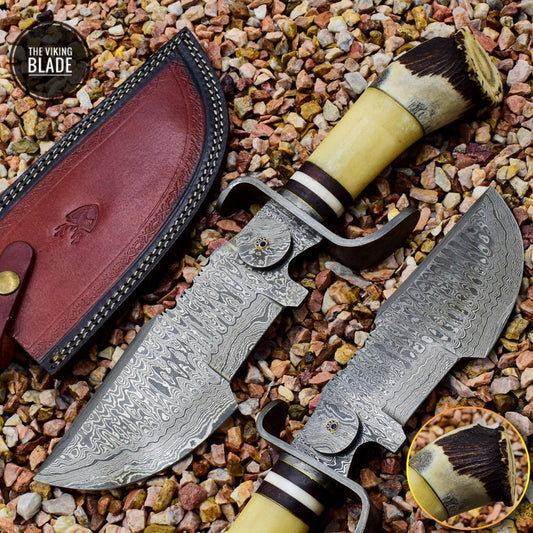 Stag Crown Handle Handmade Damascus Steel Tracker with Free Leather Sheath