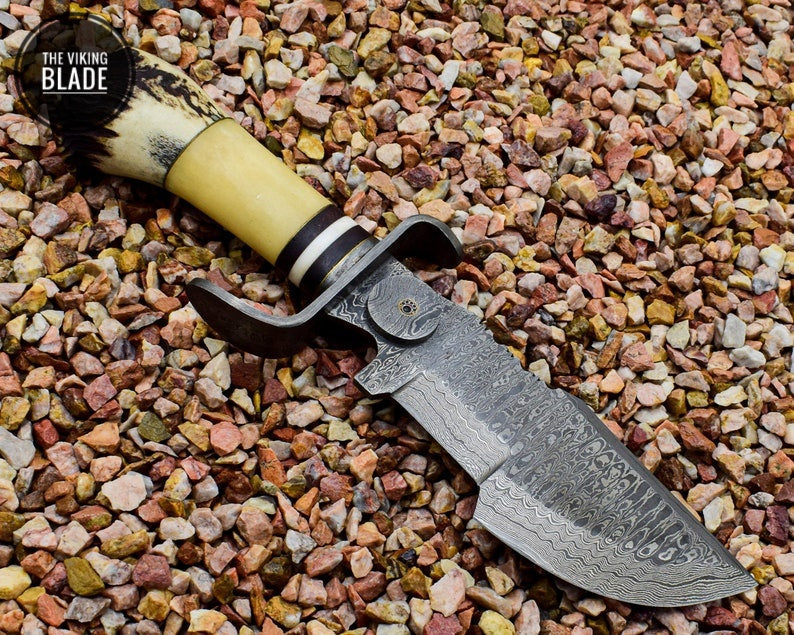 Stag Crown Handle Handmade Damascus Steel Tracker with Free Leather Sheath