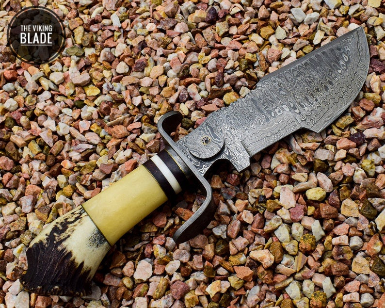 Stag Crown Handle Handmade Damascus Steel Tracker with Free Leather Sheath