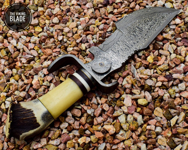 Stag Crown Handle Handmade Damascus Steel Tracker with Free Leather Sheath