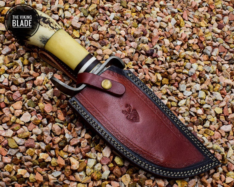 Stag Crown Handle Handmade Damascus Steel Tracker with Free Leather Sheath