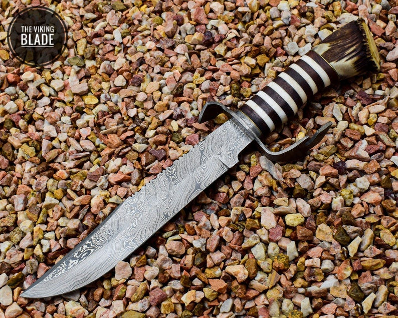 Custom Made Damascus Steel Bowie with Stag Antlers Crown Handle With Genuine Leather Sheath