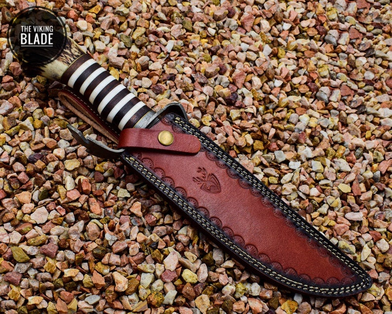 Custom Made Damascus Steel Bowie with Stag Antlers Crown Handle With Genuine Leather Sheath