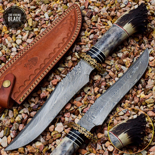 Stag Antlers Crown Handle Handmade Damascus Steel Knife with Free Leather Sheath