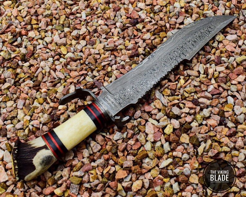 USA Handmade Damascus Steel Bowie with Stag Antlers Crown Handle Christmas Gift for Her