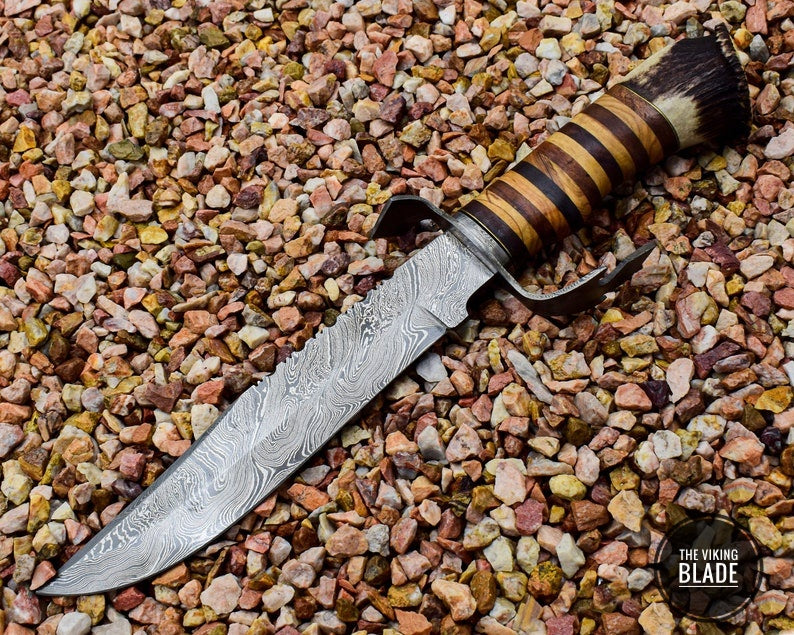 Handmade Damascus Steel Knife with Stag Antlers Crown Handle Christmas Gift for Dad, Gift for Boyfriend