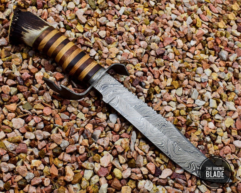 Handmade Damascus Steel Knife with Stag Antlers Crown Handle Christmas Gift for Dad, Gift for Boyfriend