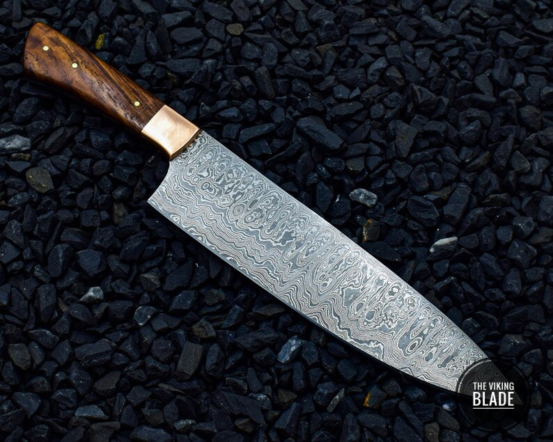 Handmade Damascus Steel Chef Knife Rose Wood Handle With Copper Bolster