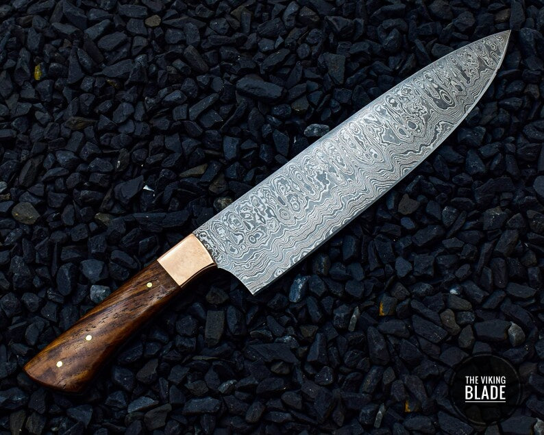 Handmade Damascus Steel Chef Knife Rose Wood Handle With Copper Bolster