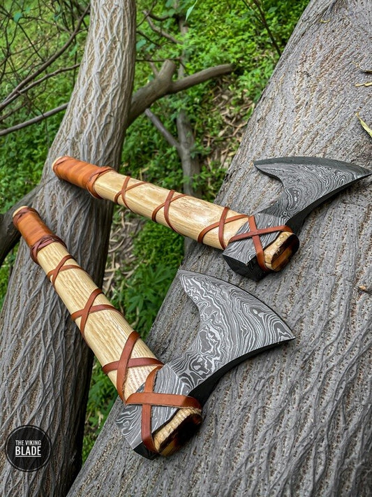 Damascus Viking Axe With Ashwood Handle, Leather Wrap And Leather Sheath