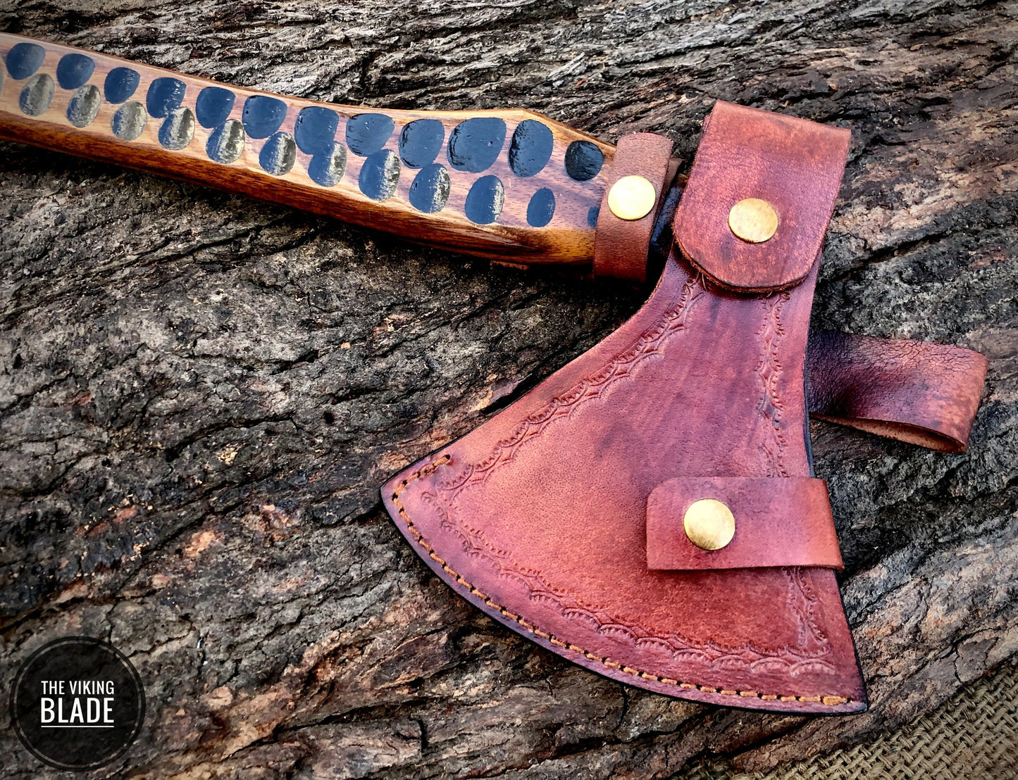 Damascus Steel Axe With Stone Textured Rose Wood Handle