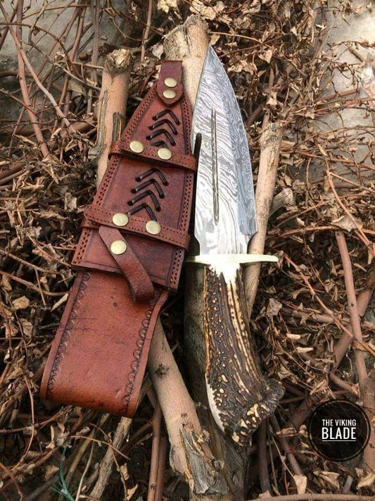 11" Inches HAND FORGED Fixed Blade Damascus Steel Gut Hook Hunting Knife+ Leather sheath