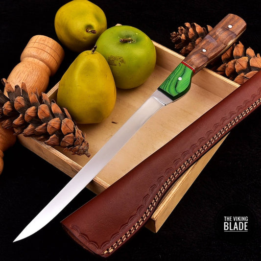 Custom Handmade D2 Steel Fillet Fish Chef Knife With Leather Sheath