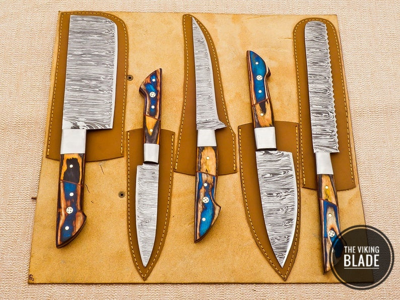 Custom Handmade Damascus Steel Chef Kitchen Knives Set With Leather Roll Kit