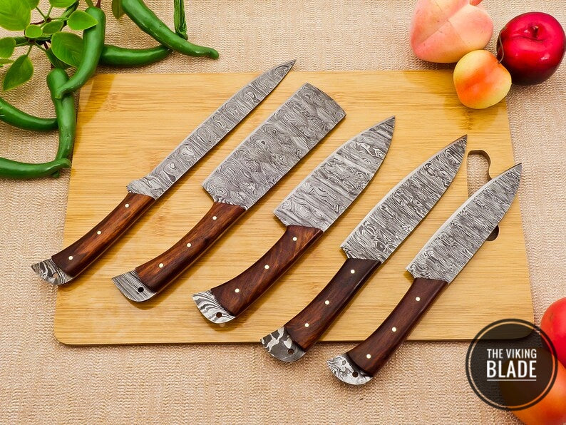 Custom Handmade Damascus Steel Chef Kitchen Knives Set With Leather Roll Kit