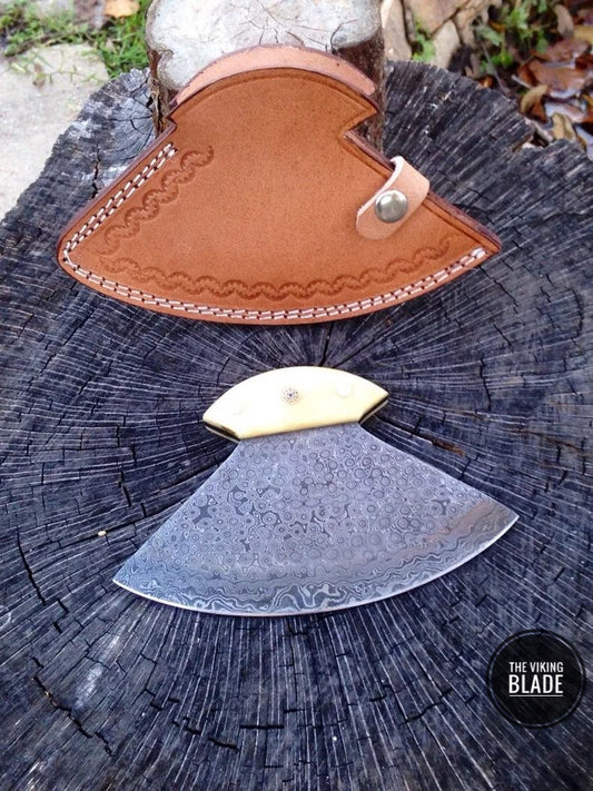 Custom Handmade Damascus Steel Ulu Knife With Leather Sheath