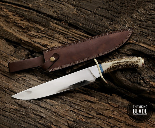 Custom Handmade Stainless Steel Bowie Knife With Stag Handle With Leather Sheath