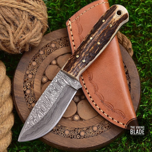 Custom Handmade Fixed Blade 1095 Damascus Steel Skinner Hunting Knife With Leather Sheath (Deer Stag Handle) Amazing Gift EDC