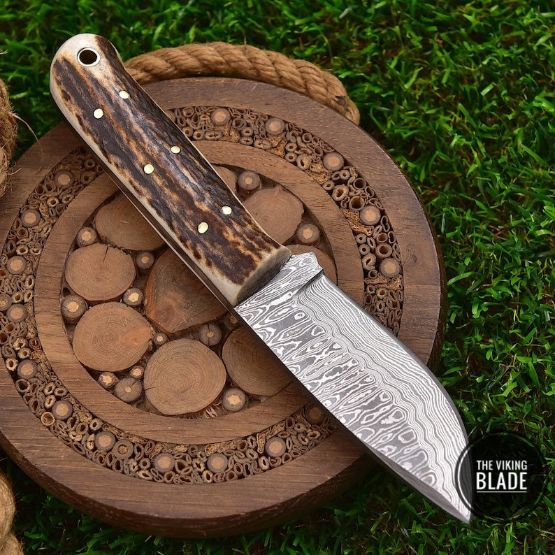 Custom Handmade Fixed Blade 1095 Damascus Steel Skinner Hunting Knife With Leather Sheath (Deer Stag Handle) Amazing Gift EDC