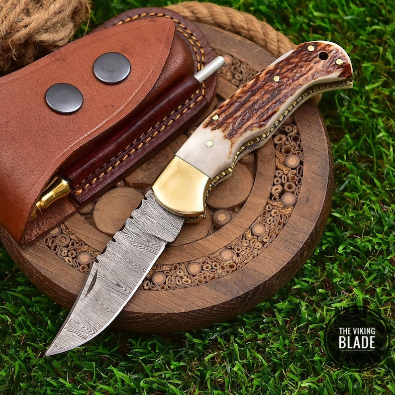 Damascus Pocket Knife, 6.5'' Damascus Folding Knife, Deer Stag Horn Handle Groomsmen Knife