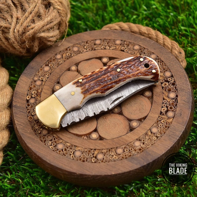 Damascus Pocket Knife, 6.5'' Damascus Folding Knife, Deer Stag Horn Handle Groomsmen Knife