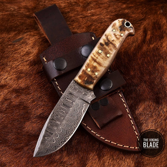 Handmade Damascus Steel Custom SHEEP HORN Camping Hunting Skinner Sport Knife with cow hide leather sheath