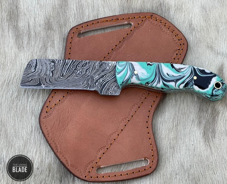 Custom Handmade Damascus Steel Bull Cutter Knife With Leather Sheath