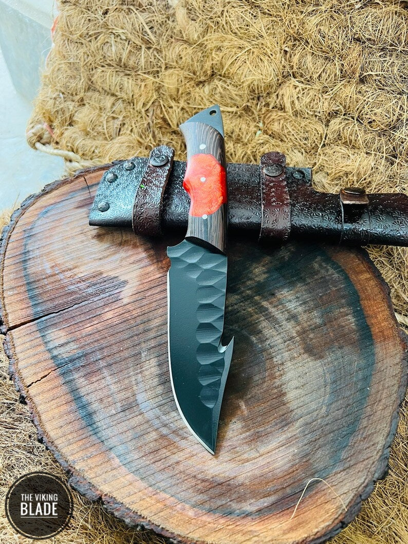 Custom Handmade Gut Hook Hunting Knife With Leather Sheath