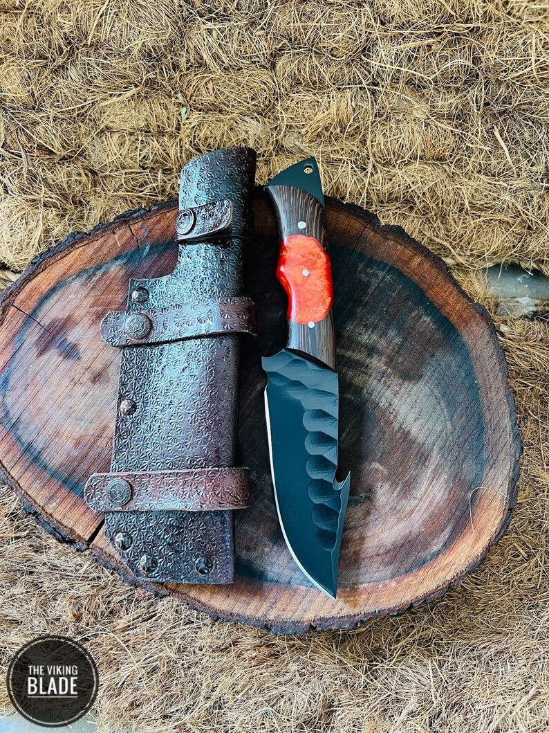 Custom Handmade Gut Hook Hunting Knife With Leather Sheath