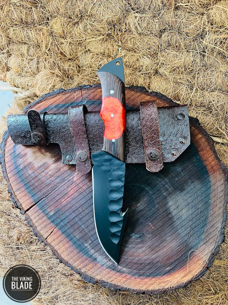 Custom Handmade Gut Hook Hunting Knife With Leather Sheath