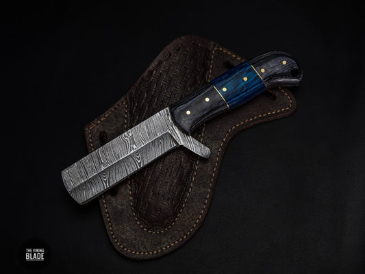 Custom Handmade Damascus Steel Cowboy Bull Cutter Knife With Leather Sheath