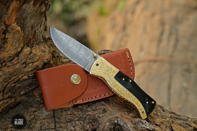 Custom Handmade Damascus Steel Folding Pocket Knife With Leather Sheath