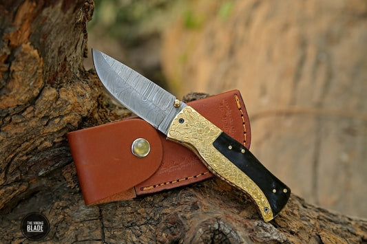 Custom Handmade Damascus Steel Folding Pocket Knife With Leather Sheath