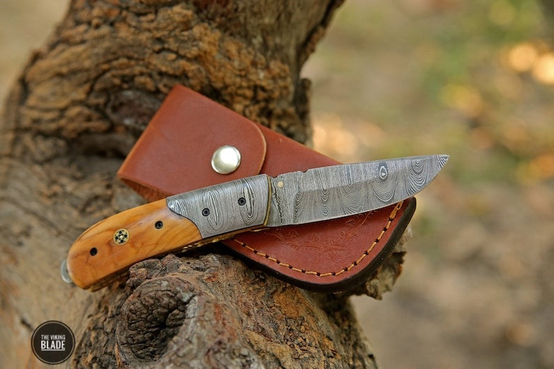 Custom Handmade Damascus Steel Folding Pocket Knife With Leather Sheath