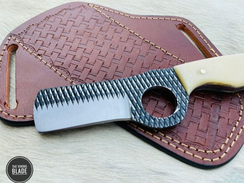 Custom Handmade Rasp steel cowboy bull cutter knife With Leather Sheath