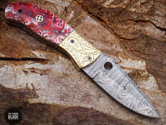 Handmade Damascus Steel Pocket Knife, Hand Forged Damascus Knife, Resin and Brass Handle