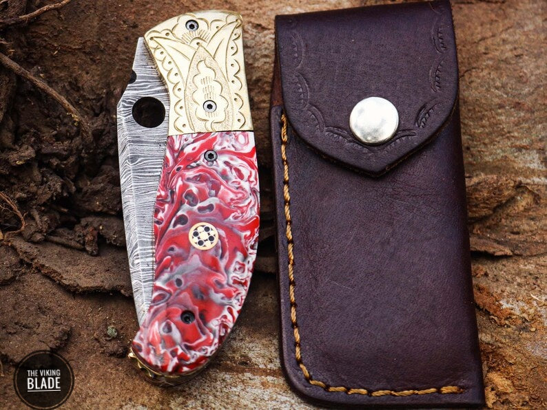 Handmade Damascus Steel Pocket Knife, Hand Forged Damascus Knife, Resin and Brass Handle