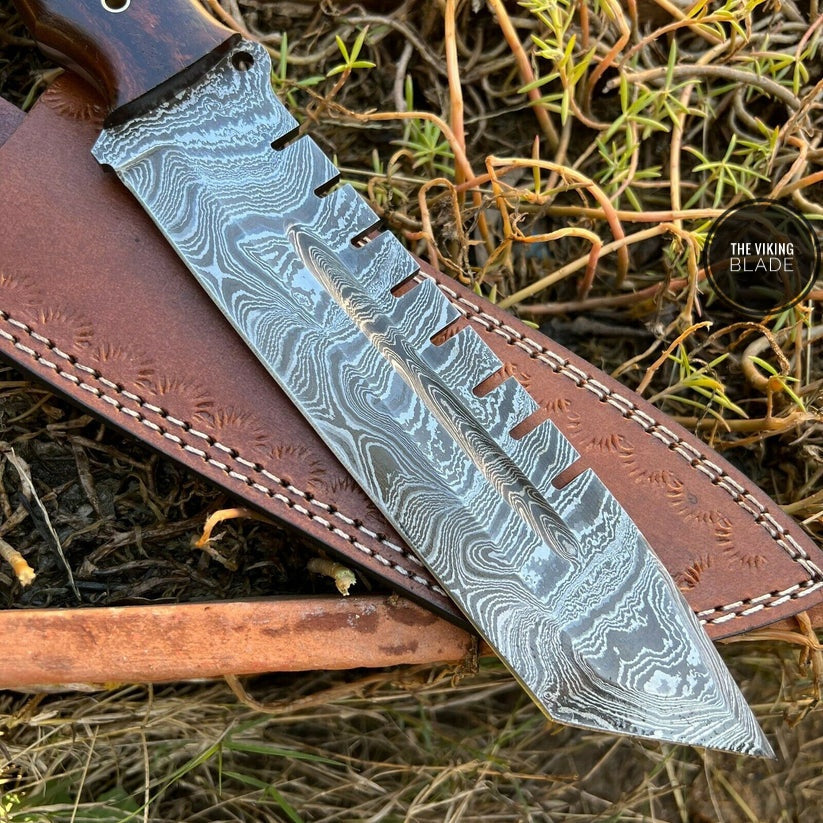 13" SHARDBLADE HAND FORGED Damascus Steel Bowie Hunting Knife Rose Wood Handle