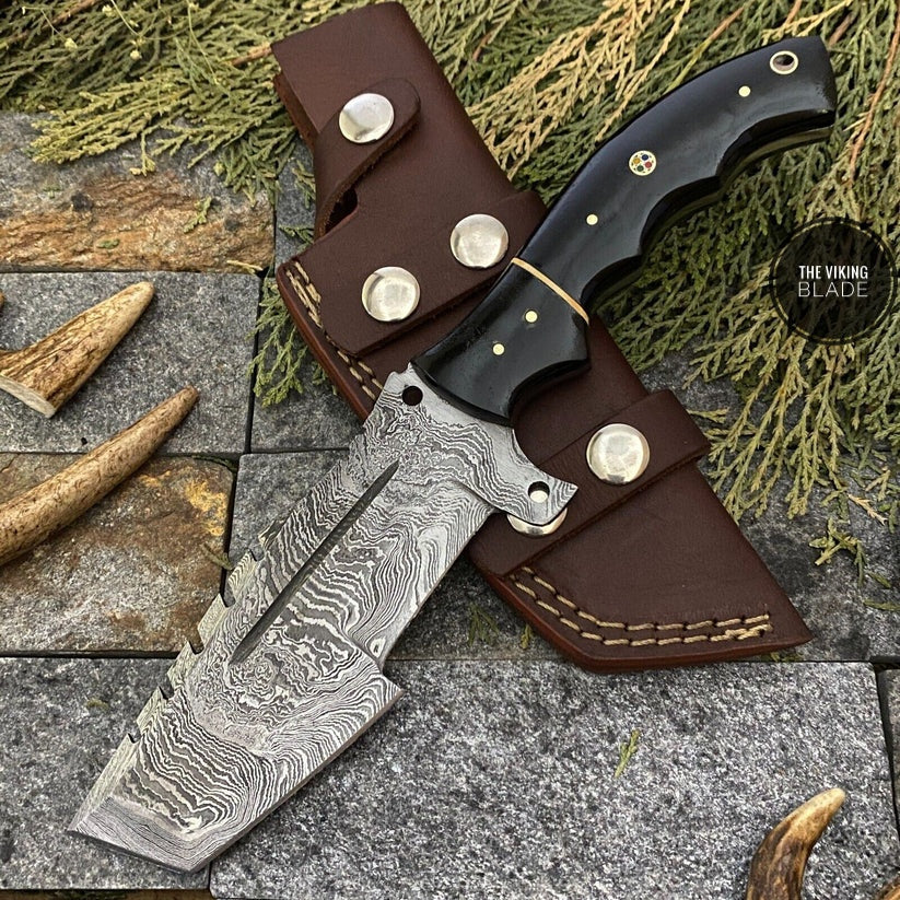 CUSTOM HAND FORGED DAMASCUS STEEL TRACKER HUNTING KNIFE WITH SHEATH