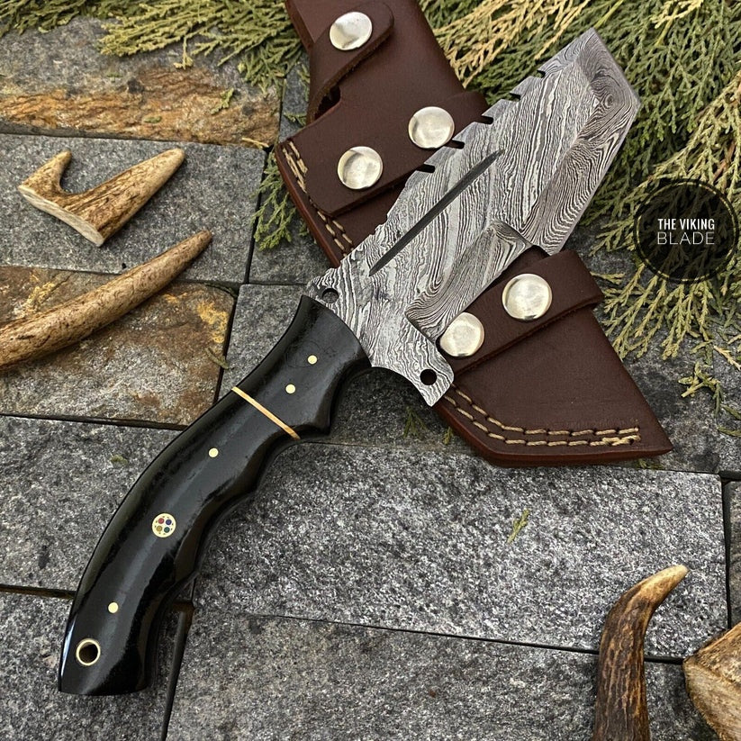 CUSTOM HAND FORGED DAMASCUS STEEL TRACKER HUNTING KNIFE WITH SHEATH