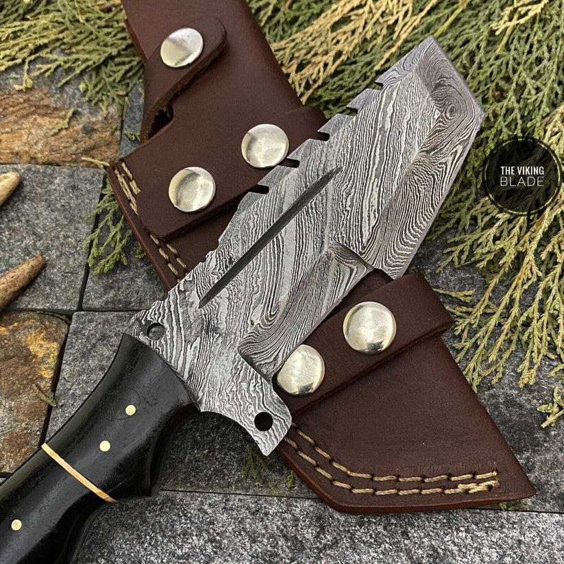 CUSTOM HAND FORGED DAMASCUS STEEL TRACKER HUNTING KNIFE WITH SHEATH