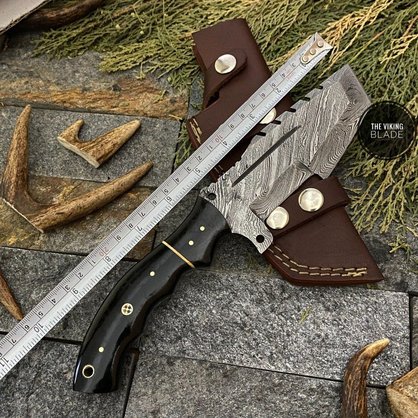 CUSTOM HAND FORGED DAMASCUS STEEL TRACKER HUNTING KNIFE WITH SHEATH