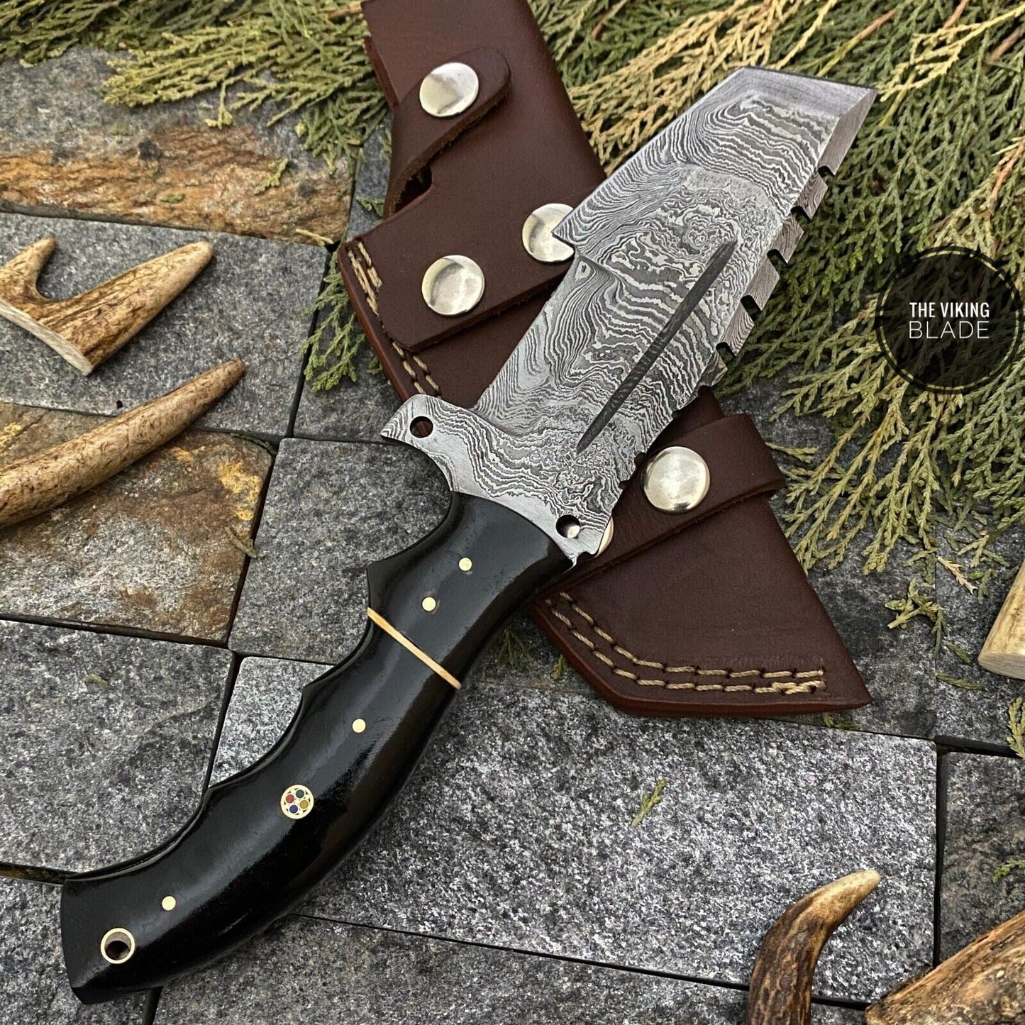 CUSTOM HAND FORGED DAMASCUS STEEL TRACKER HUNTING KNIFE WITH SHEATH